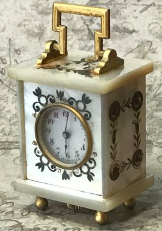 Antique Miniature Dollhouse Travel Mantel Carriage Clock Mother Of Pearl Wind Up