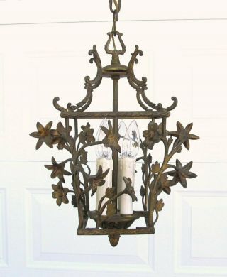 Petite Vintage Art Nouveau French Brass Made Spain Flower Birdcage Chandelier