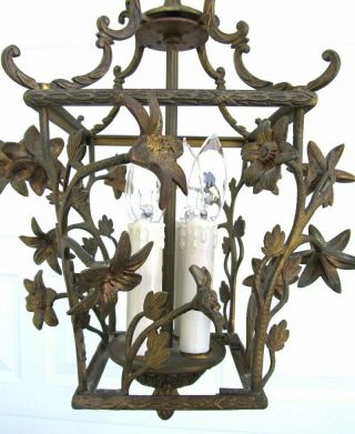 Petite Vintage Art Nouveau French Brass Made Spain Flower Birdcage Chandelier 2