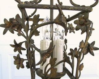 Petite Vintage Art Nouveau French Brass Made Spain Flower Birdcage Chandelier 4