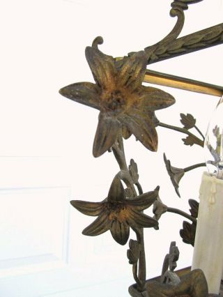 Petite Vintage Art Nouveau French Brass Made Spain Flower Birdcage Chandelier 5