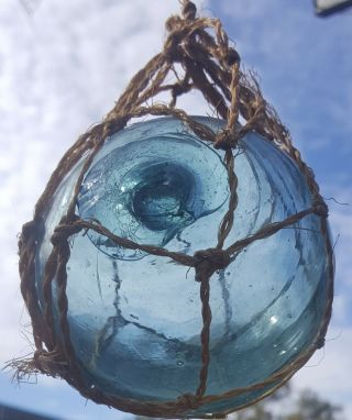 Hand Blown Glass Float Ball Net Japanese Fishing Vintage Heavy Aqua 3.  5 " Bubbles