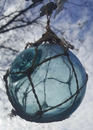 Hand Blown Glass Float Ball Net Japanese Fishing Vintage Heavy AQUA 3.  5 