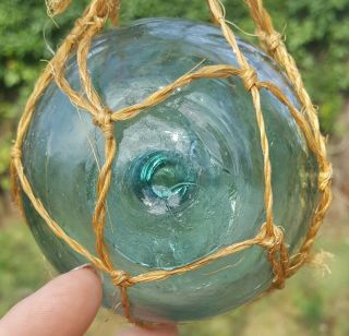 Hand Blown Glass Float Ball Net Japanese Fishing Vintage Heavy AQUA 3.  5 