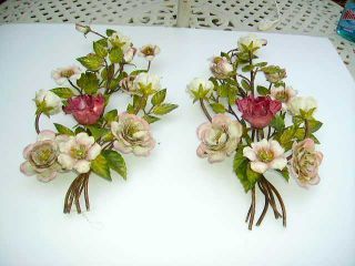 Gorgeous Huge Pair Vintage Italian Tole Roses Wall Sconces