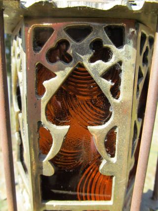 Pierced Heavy Brass Hanging Lantern - Glass Panel Antique Chandelier Pendant Lamp