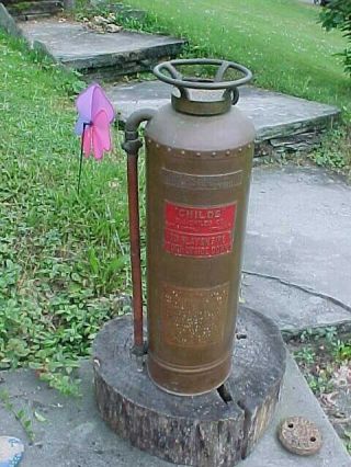 Vintage O.  J.  Childs Co Copper Fire Extinguisher Empty W Hose