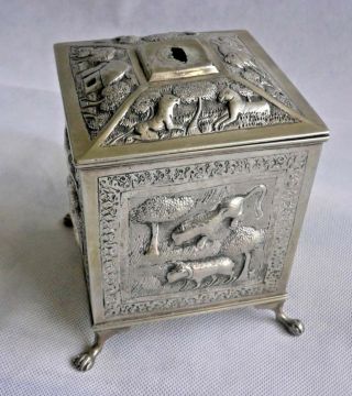 Antique Indian Repousse Silver Square Tea Caddy