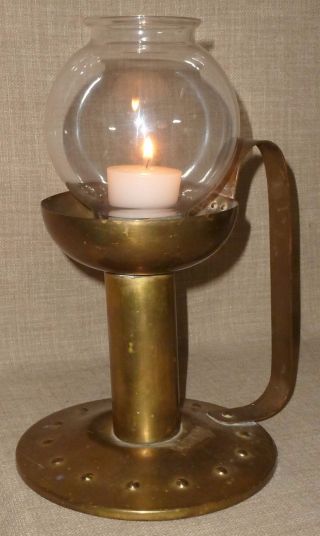 Old Unique - Looking Handled Brass Chamber Stick Candle Holder W/ Glass Chimney