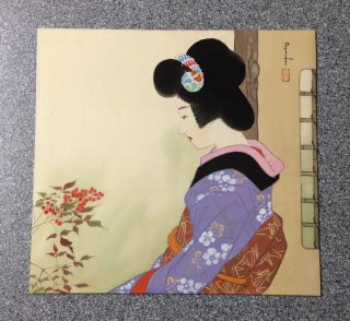 Vtg 1930s Japanese Geisha Bijin Watercolor Painting Like Shinsui Woodblock Print