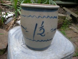 Antique Blue Decorated Stoneware Crock Rare Freehand Ovoid Primitive Flower Pot