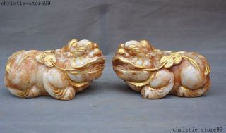 China Feng Shui Old Jade Gilt Carved Brave Troops Pixiu Beast Wealth Statue Pair