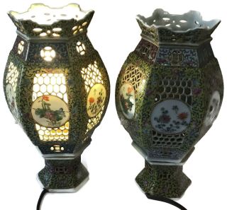 Antique Pair Chinese Porcelain Wedding Lanterns Table Light Lamps Pair 10 " T