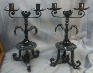 Two 2 Mission Arts & Crafts Gothic Style Wrought Iron Candlesticks Set