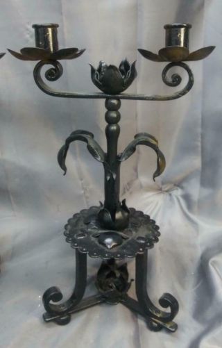 Two 2 Mission Arts & Crafts Gothic Style Wrought Iron Candlesticks Set 2