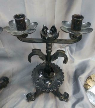 Two 2 Mission Arts & Crafts Gothic Style Wrought Iron Candlesticks Set 3