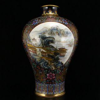 Chinese Gilt Gold Black Glaze Famille Rose Porcelain Vase