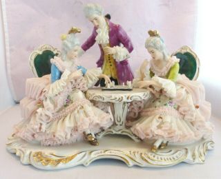 Vintage Dresden Porcelain Lace Women Playing Chess W/ Man Watching,  7 " H X 11 " W