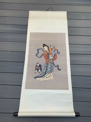 Unbelievable Antique Chinese Silk Kesi Scroll With Kwan Yin And Child