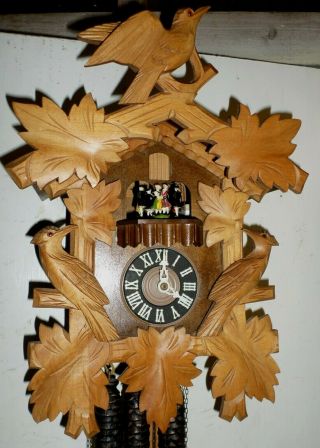 Rare Large German Black Forest 2 Tune Music Dancers Natural Wood Cuckoo Clock