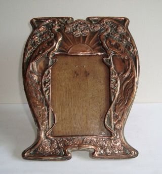 Antique Arts Crafts Art Nouveau Copper Peacock Easel Photo Frame