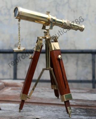 Vintage Solid Brass Telescope With Wooden Tripod Nautical Navy Ship Decorative