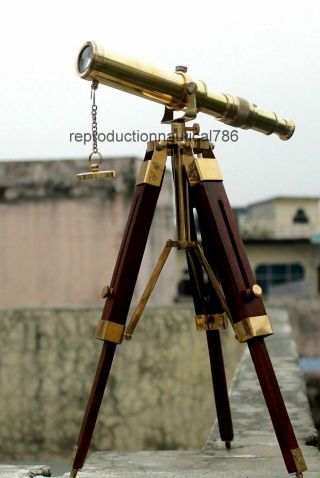 Vintage Solid Brass Telescope With Wooden Tripod Nautical Navy Ship Decorative 2