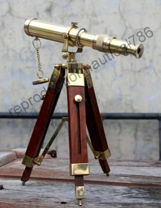 Vintage Solid Brass Telescope With Wooden Tripod Nautical Navy Ship Decorative 3