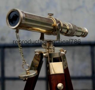 Vintage Solid Brass Telescope With Wooden Tripod Nautical Navy Ship Decorative 5