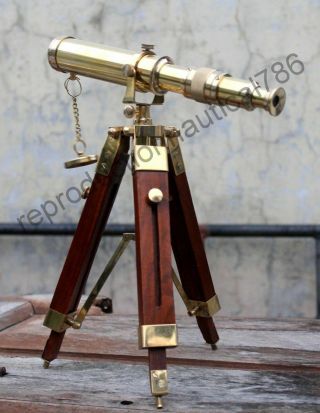 Vintage Solid Brass Telescope With Wooden Tripod Nautical Navy Ship Decorative 8