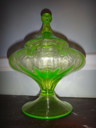 Antique Blown Vaseline Uranium Glass Apothecaery Jar Swirl Candy Store Dish