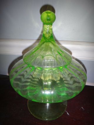 Antique Blown Vaseline Uranium Glass Apothecaery Jar Swirl Candy Store Dish 2