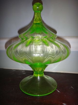 Antique Blown Vaseline Uranium Glass Apothecaery Jar Swirl Candy Store Dish 5