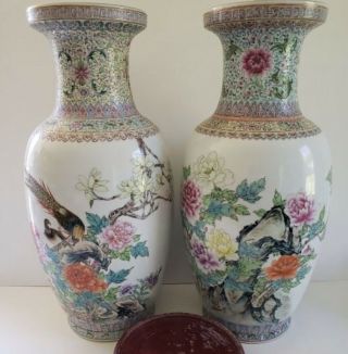 Fine Mid Century Chinese Porcelain Vases With Birds Fine Details