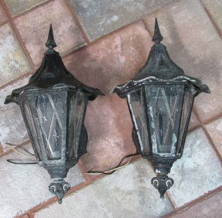 Vintage Large Pair Gothic Tudor Sconces Porch Garage Lights Cast Aluminum