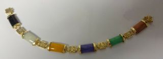 Vintage Asian Chinese Grade A Multicolor Jade Gold On Silver Link Bracelet