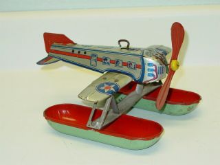 Vintage J.  Chein Tin Litho Airplane W/floats,  Wind Up Toy Plane,  Pontoon,  U.  S.  A.