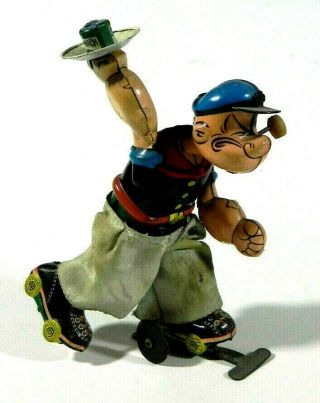 Vintage 50s Linemar Popeye Roller Skater Wind Up Tin Toy Japan Marx