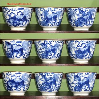 3 Chinese Blue & White Eggshell Porcelain Cups Vietnamese Bleu De Hue Foo Lions