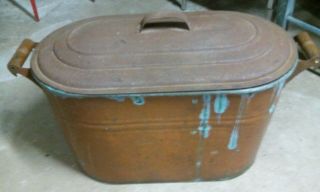 Antique Copper Boiler Wash Tub Pot With Lid Wood Handles Vintage Rustic Decor
