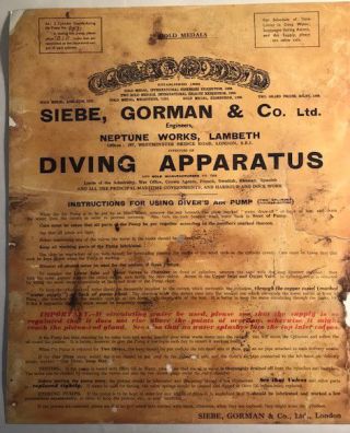 Antique Deep Sea Diver Siebe Gorman Divers Pump Makers Label 13x16 Inches