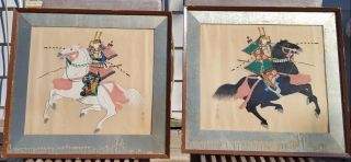 Pair Japanese Vintage Hand Painted Paintings Samurai Warrior Riding A Horse