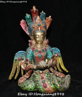 8“ Tibet Turquoise Red Coral Gem 5 - Heads Snake Naga Kanya Buddha Goddess Statue