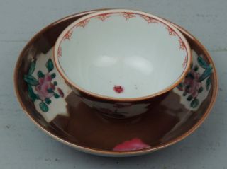 Antique 18c Chinese Export Cafe Au Lait Porcelain Tea Bowl & Saucer 2 Pc
