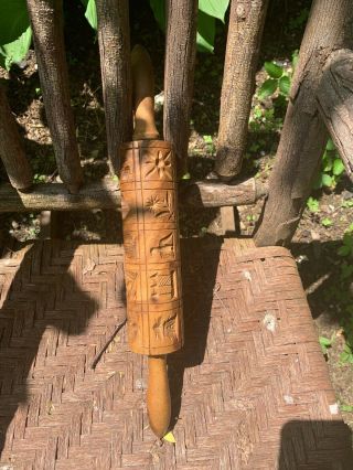 Antique Primitive Wooden Rolling Pin With Many Designs