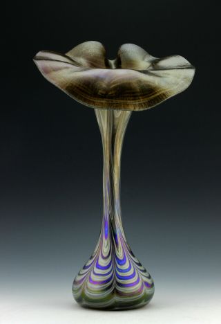 Glamorous Bohemian Art Deco Jugendstil Iridescent Glass 14 1/2  Tall Vase