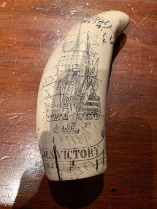 Vintage Antique Scrimshaw Sperm Whale Tooth Horatio Nelson Hms Victory Ship 7 "