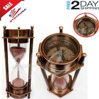 5 " Decorative Brass Sand Timer Hourglass With Antique Maritime Brass Compass