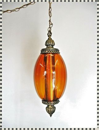 Vintage Mid Century Modern Op Art Dark Amber Glass Hanging Swag Lamp Light
