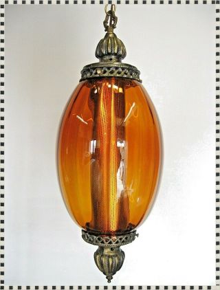 Vintage MID CENTURY MODERN Op Art Dark Amber Glass Hanging Swag Lamp Light 2